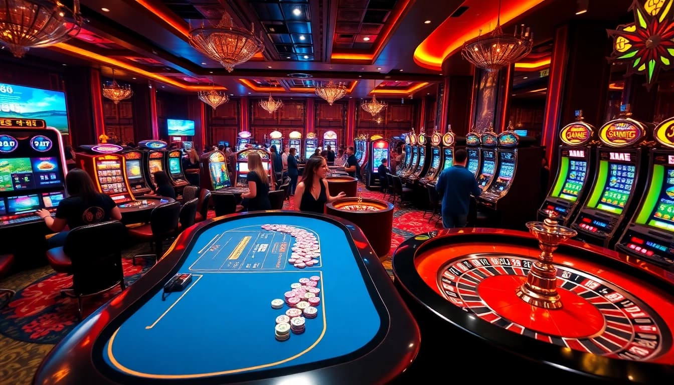 Dynamic gaming action at 88i nhà cái, featuring poker, roulette, and slot machines
