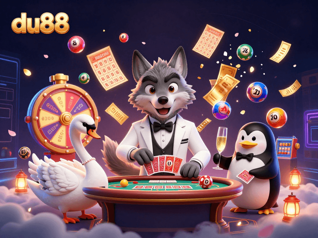 Join the action at du88 with vibrant games, as charming characters deal cards and present champagne.