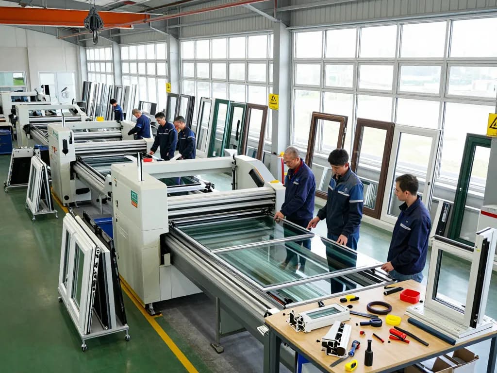 Ingenieure prüfen Fensterrahmen im Fensterbau in einer modernen Produktionsstätte