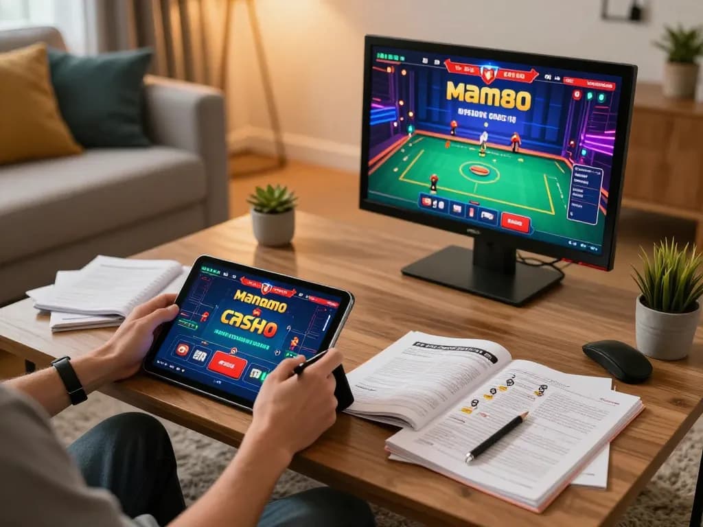 Engaging with man88 casino app in a cozy home setting, emphasizing responsible online gaming.