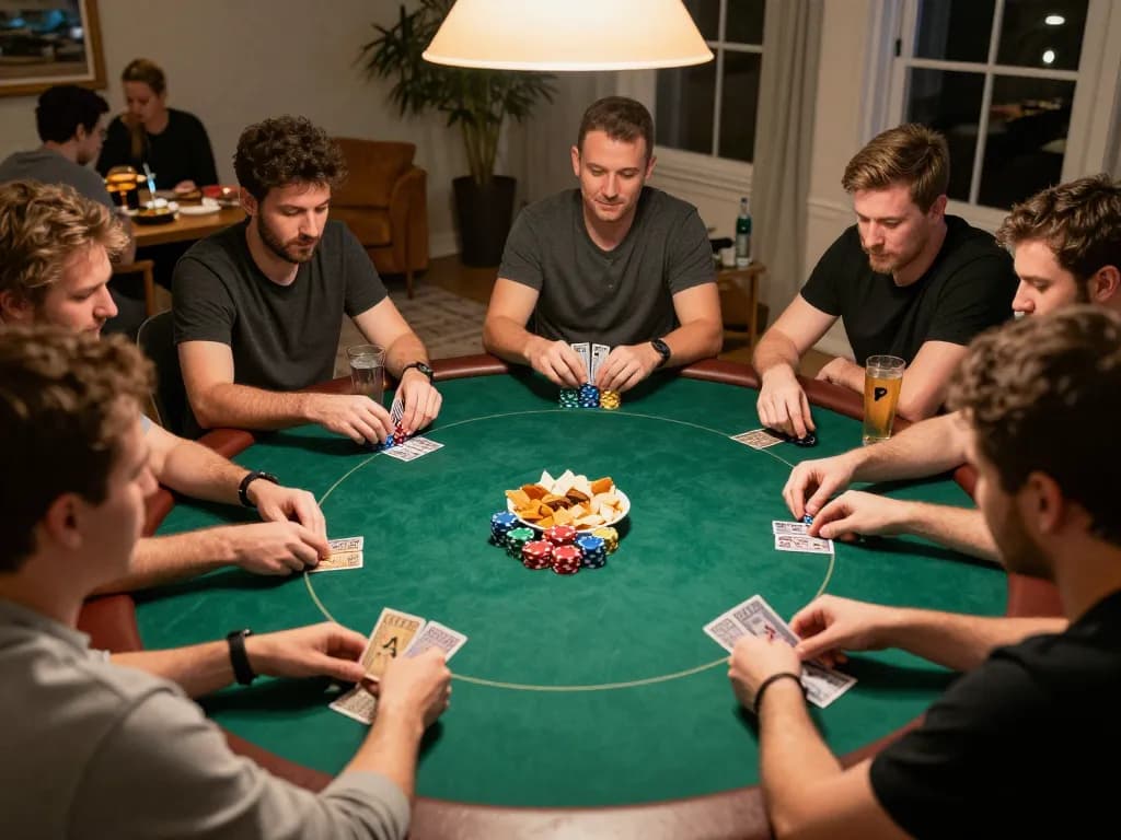 I9BET players engaging in a lively home poker game, showcasing strategy and companionship.