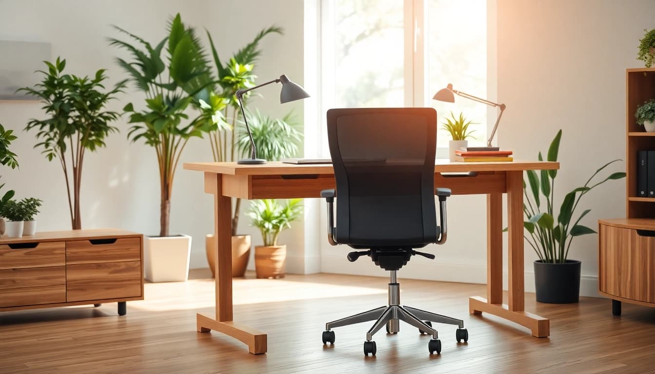 Büromöbel-Setup mit höhenverstellbarem Schreibtisch und ergonomischem Stuhl für eine optimale Arbeitsumgebung