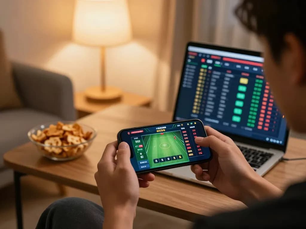 A player using mb668.co mobile app for sports betting in a cozy home setup, showcasing live odds interface.