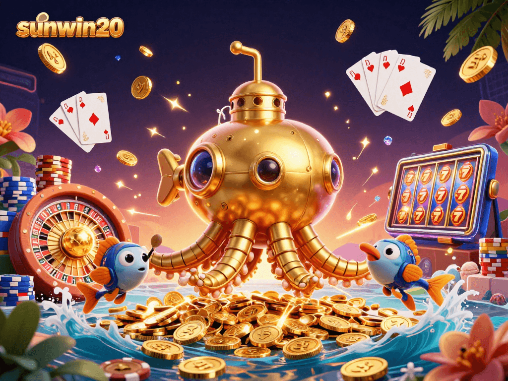 Experience exhilarating wins with sunwin20 in this vibrant 3D illustration featuring games and golden treasures.