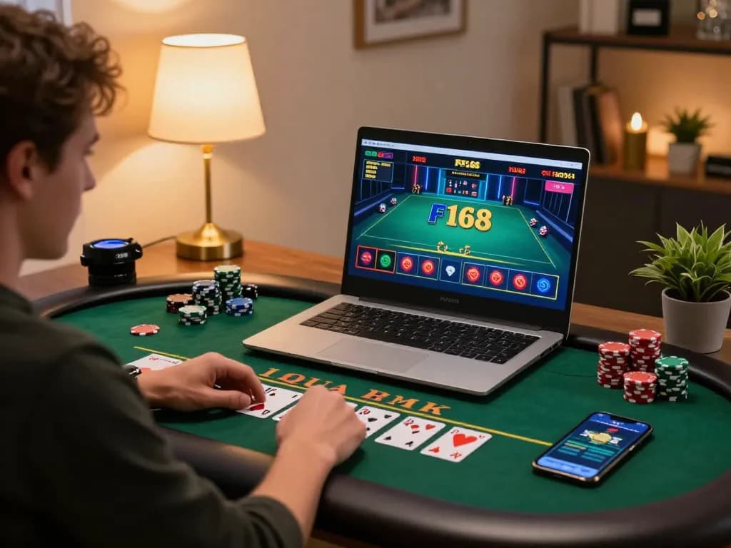 Engaging in F168 online blackjack gameplay at home with laptop and poker chips visible
