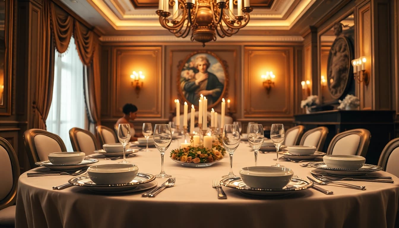 Luxury dining table adorned with fine china and elegant decor, bathed in soft candlelight.