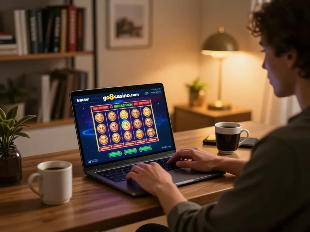 Engaged player using go8casino com for online slots in a cozy home office setting