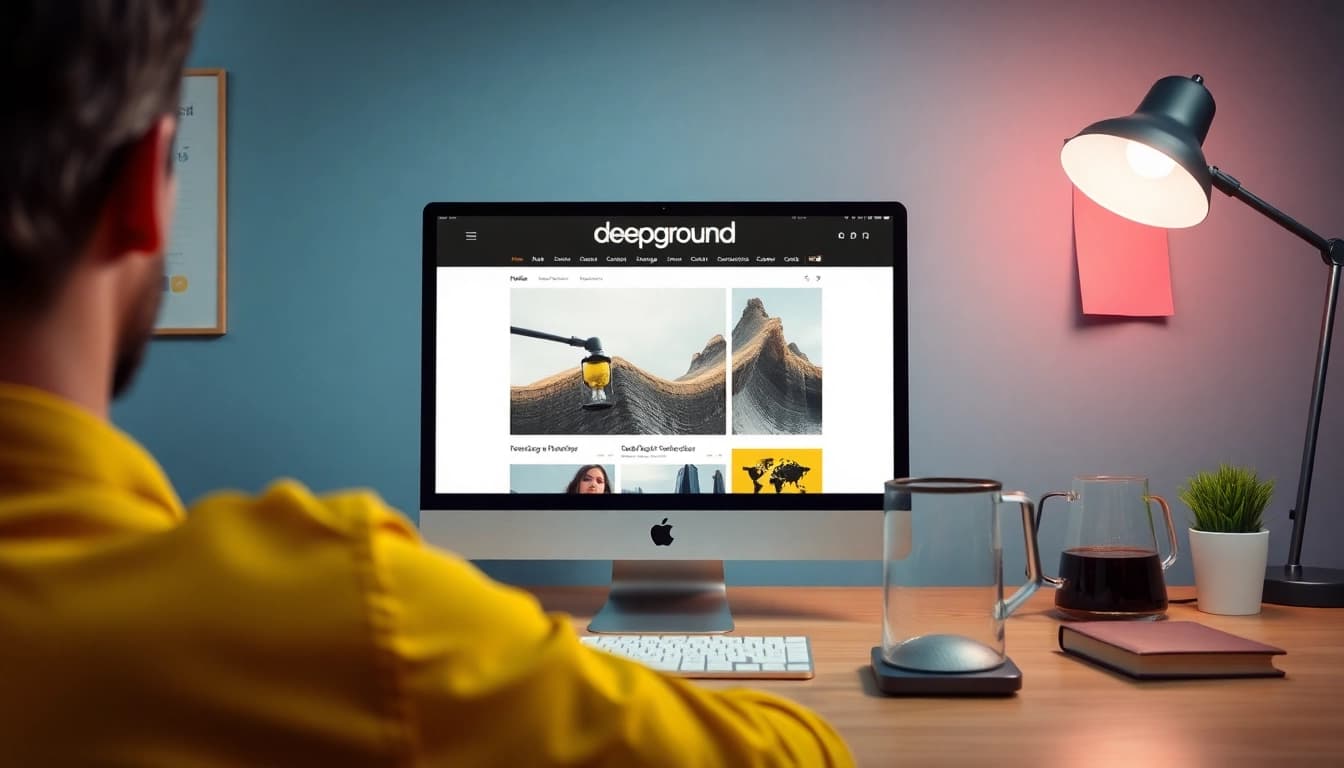 Onlinemagazin Deepground zeigt inspirierende Inhalte auf einem Desktop, umgeben von kreativen Materialien.