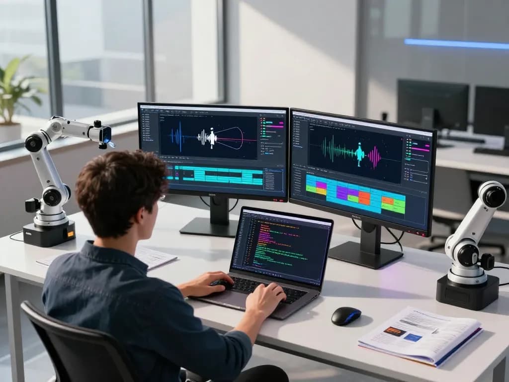 AI developer using motion control software with dual monitors in a modern workspace.