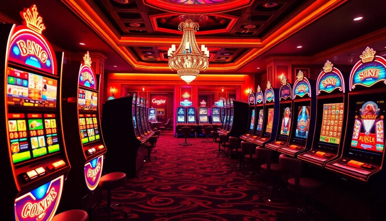 Spiele aufregende Spiele im Casino online mit hellen Lichtern und einem einladenden Ambiente.