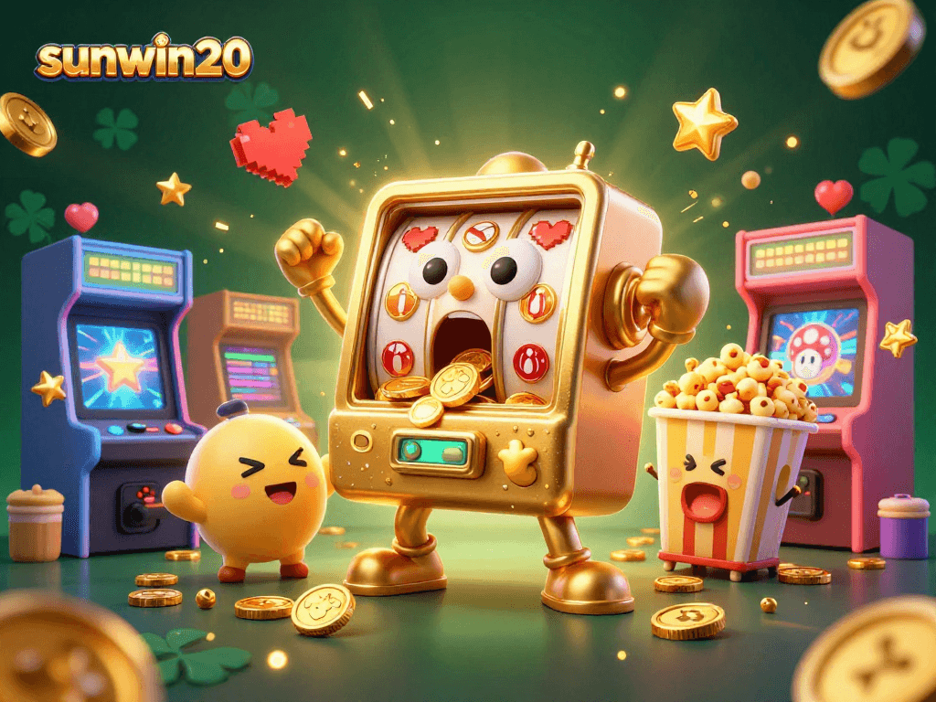 Win jackpots at sunwin20 with golden slot machines in a vibrant casino scene.