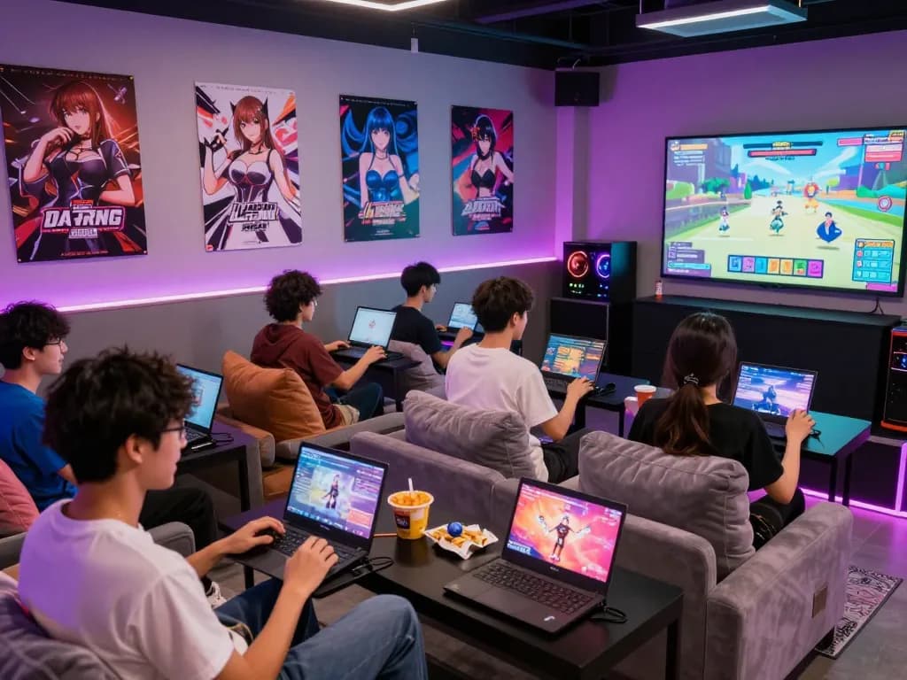 Engaging group playing porn ganes in a vibrant gaming lounge with colorful LED lights.