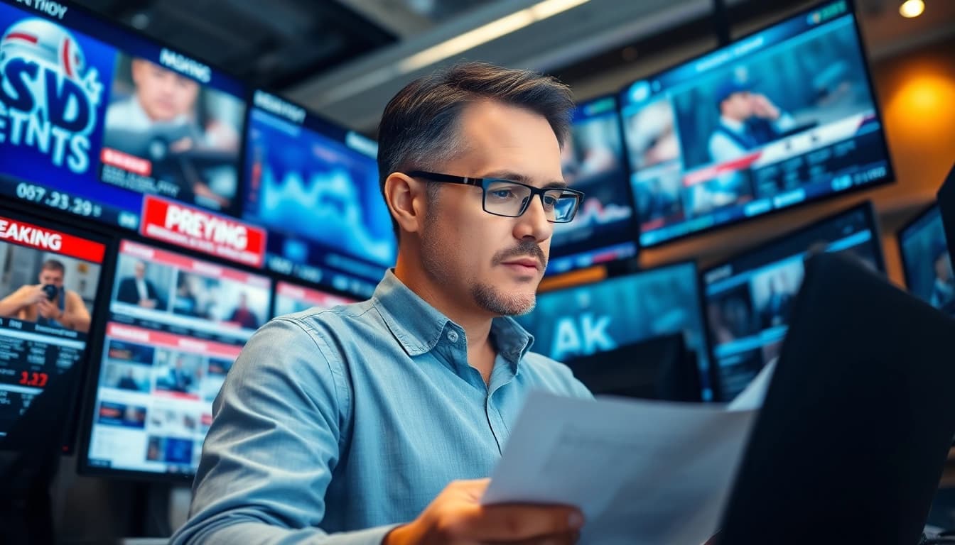 Aktuelle Meldungen unter der Berichterstattung eines Journalisten in einem modernen Newsroom