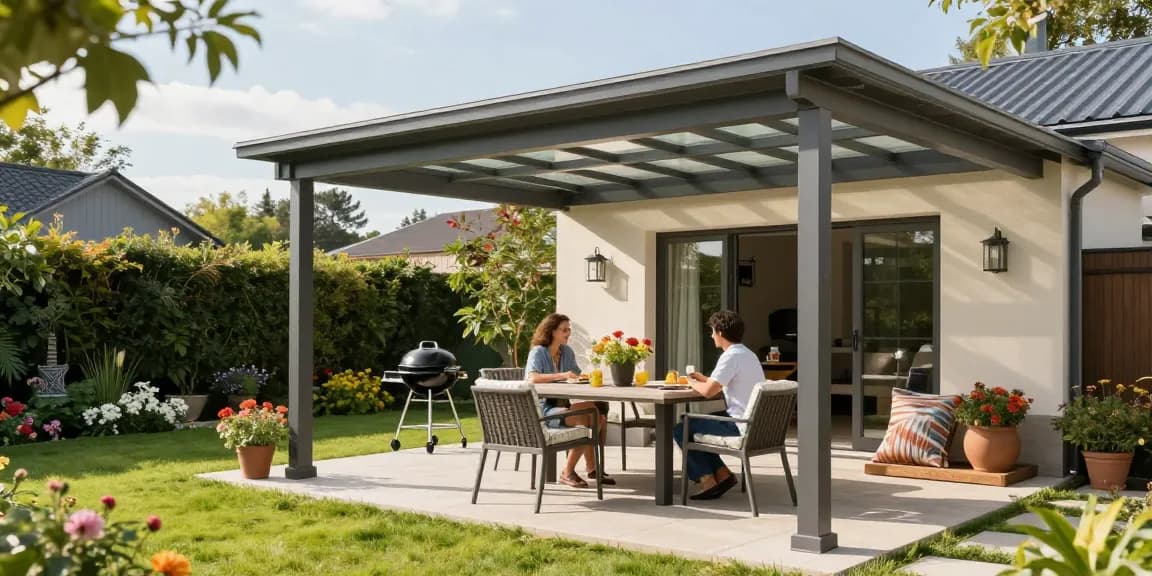 Moderne freistehende Terrassenüberdachung mit Paar im Garten.