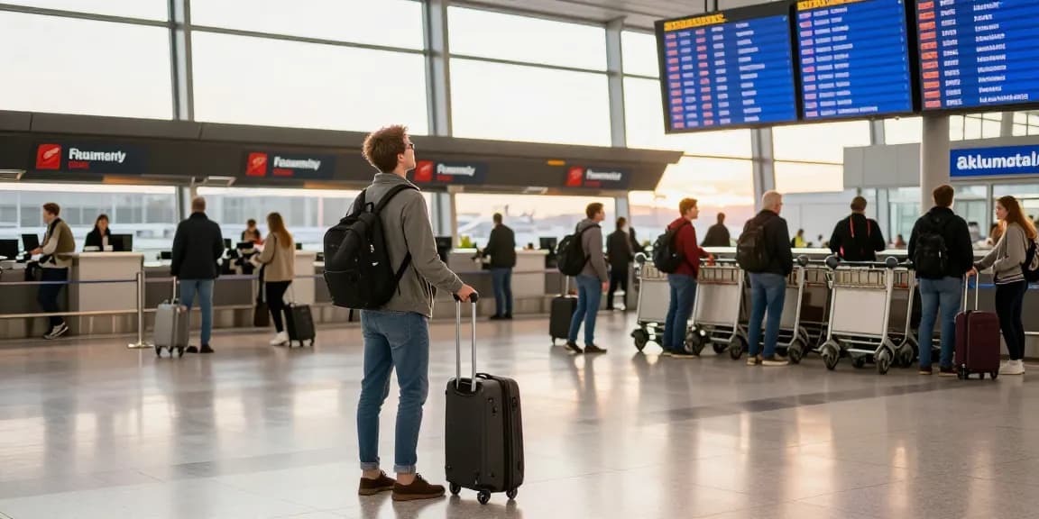 Flughafentransfer Frankfurt scene with traveler checking flight information at airport
