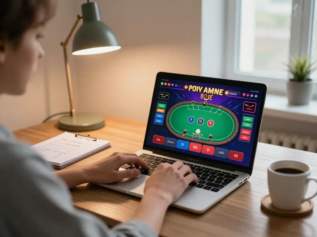 Engaging poker game on SC 88 online platform displayed on a laptop in a cozy home setting.