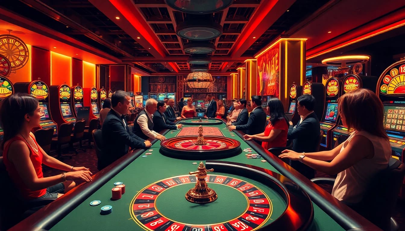 VM88 casino scene featuring excited players at a vibrant poker table, showcasing luxury and excitement in gambling.