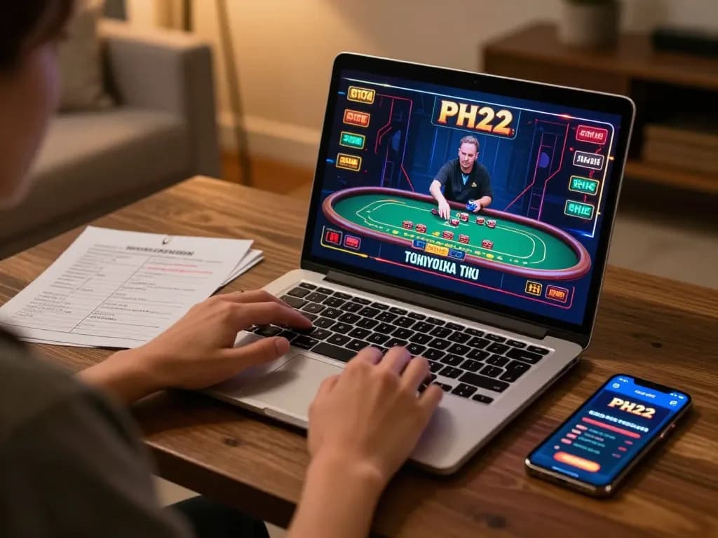 Player engaging in PH22 online casino gaming from a cozy home setup, emphasizing strategy and excitement.