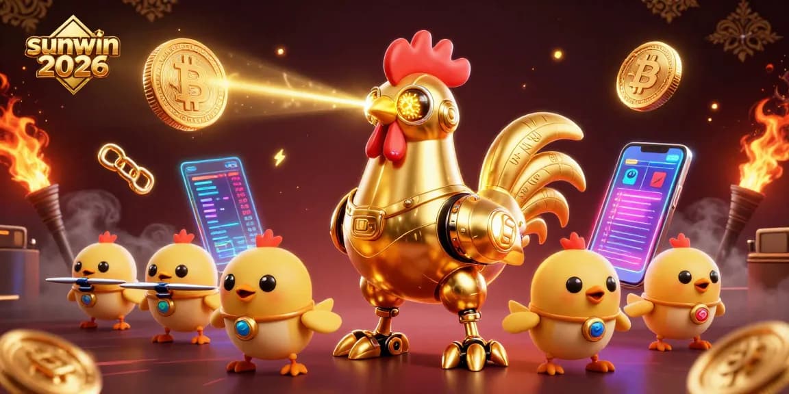 Engage with the exciting world of sunwin 2026: a vibrant 3D casino scene featuring golden rooster robots and cryptocurrency elements.