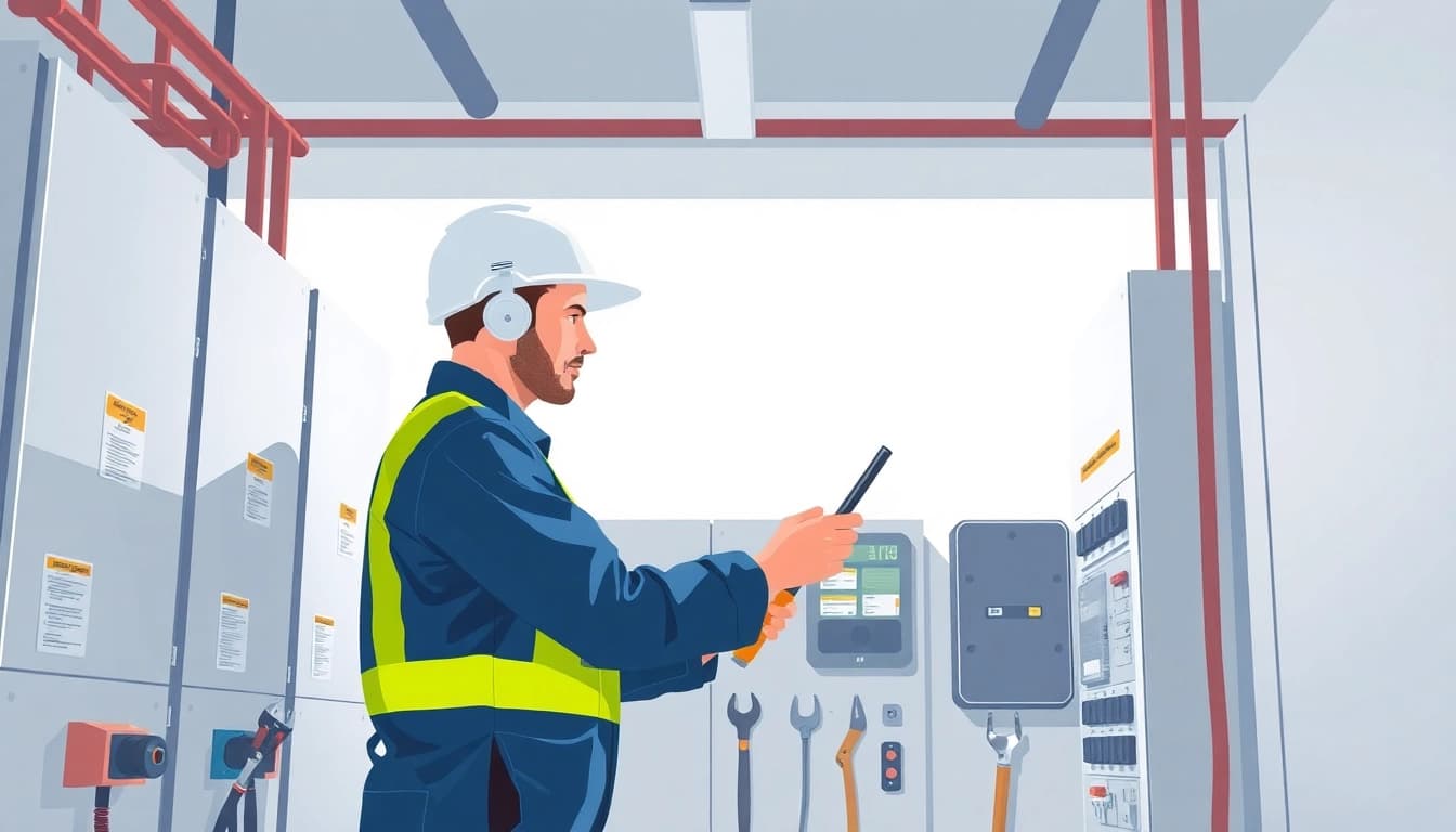 Technician conducting DGUV V3 Prüfung on electric equipment to ensure safety compliance.