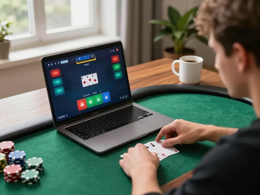 Người chơi hăng say chiến lược trong trò chơi poker trực tuyến trên laptop, thể hiện cơ hội Rik vip.