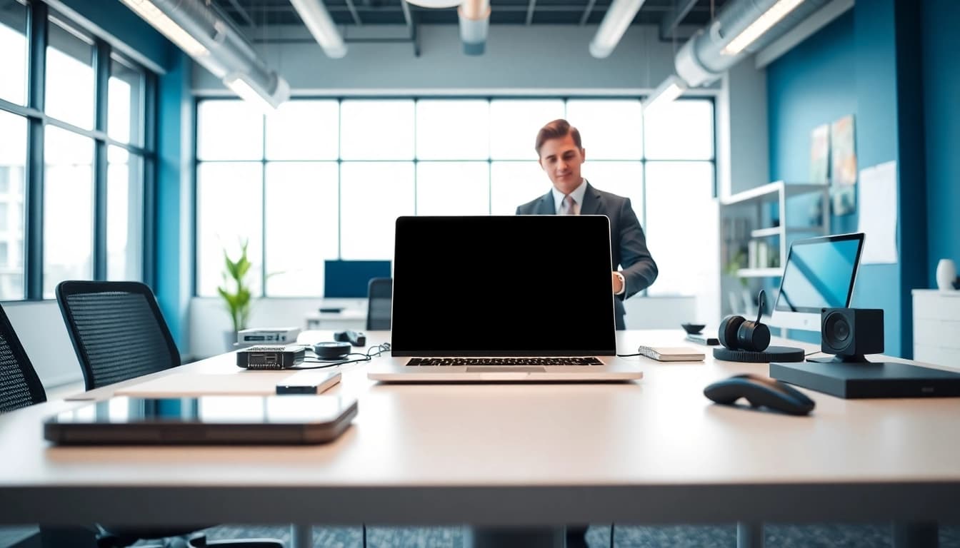 Erhalten Sie Software Hilfe in einem modernen Büroumfeld mit Tech-Geräten auf dem Tisch.