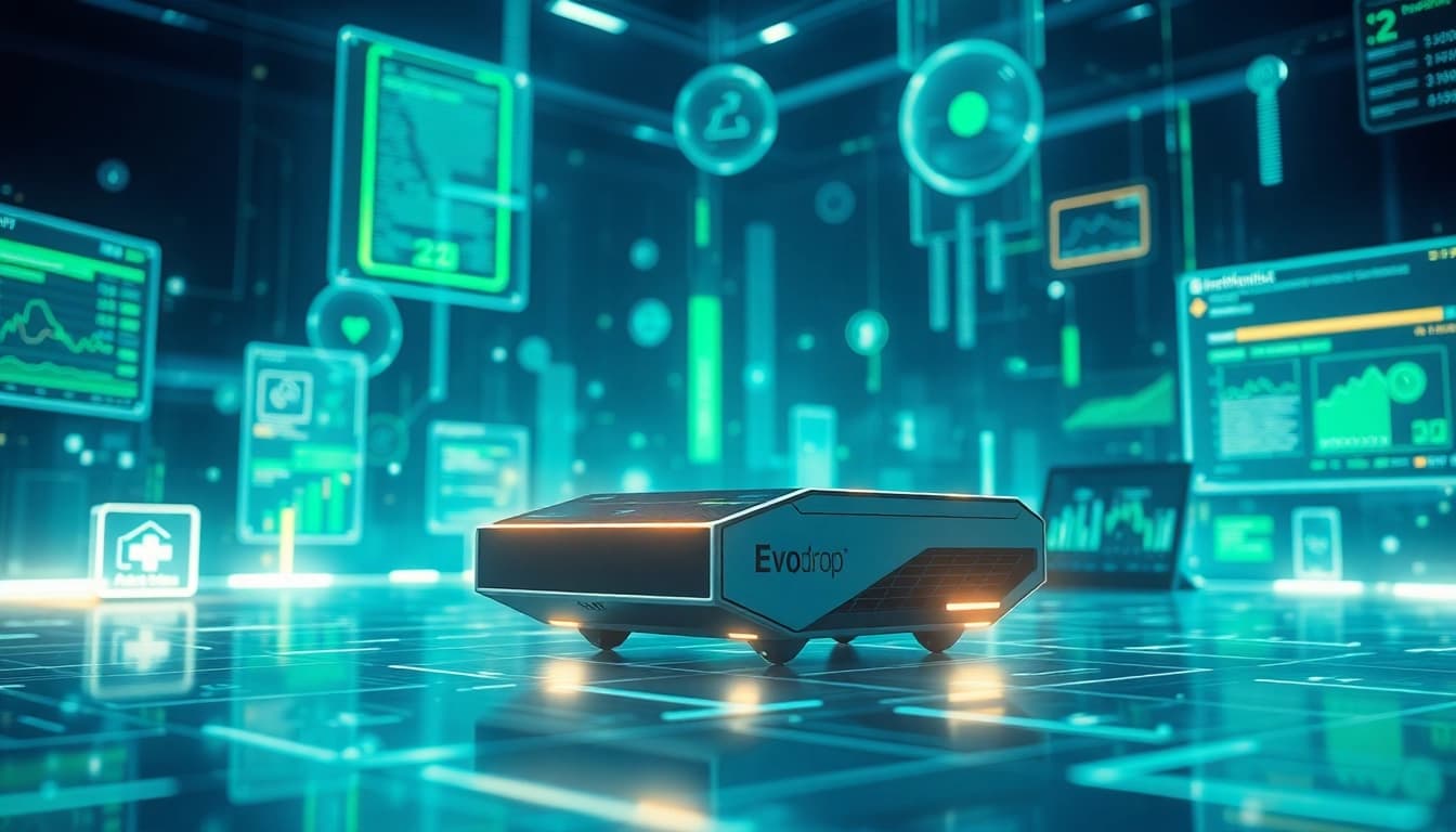 Evodrop Beobachter zeigt modernes Gerät in futuristischer digitaler Landschaft.