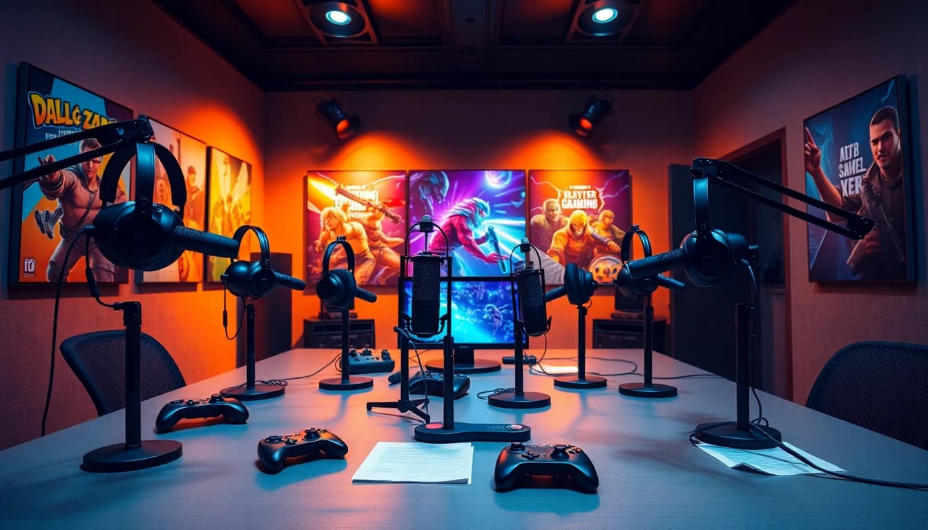 Gaming Podcast studio setup with vibrant colors and professional audio equipment.