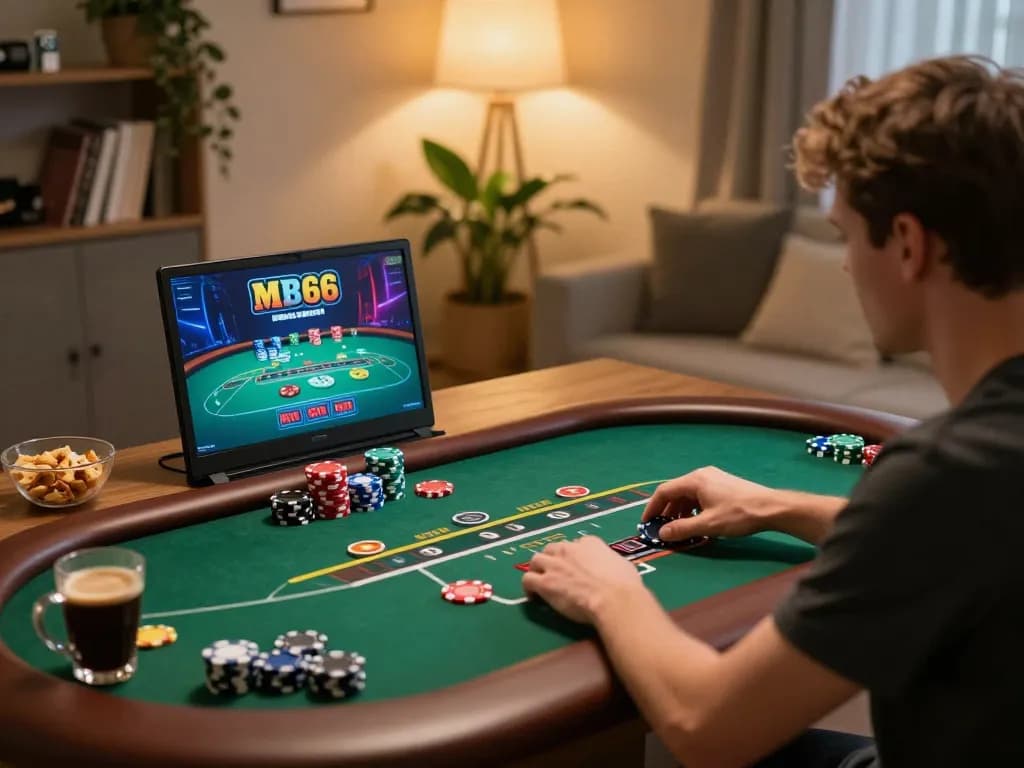 Player enjoying MB66 poker online with focused strategy in a cozy home setting.