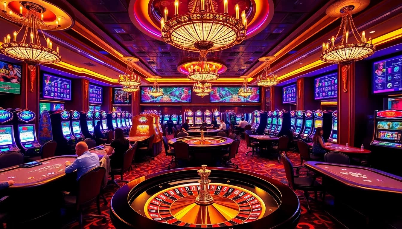 Players enjoying the dynamic atmosphere of 23WIN casino games featuring roulette and poker tables.