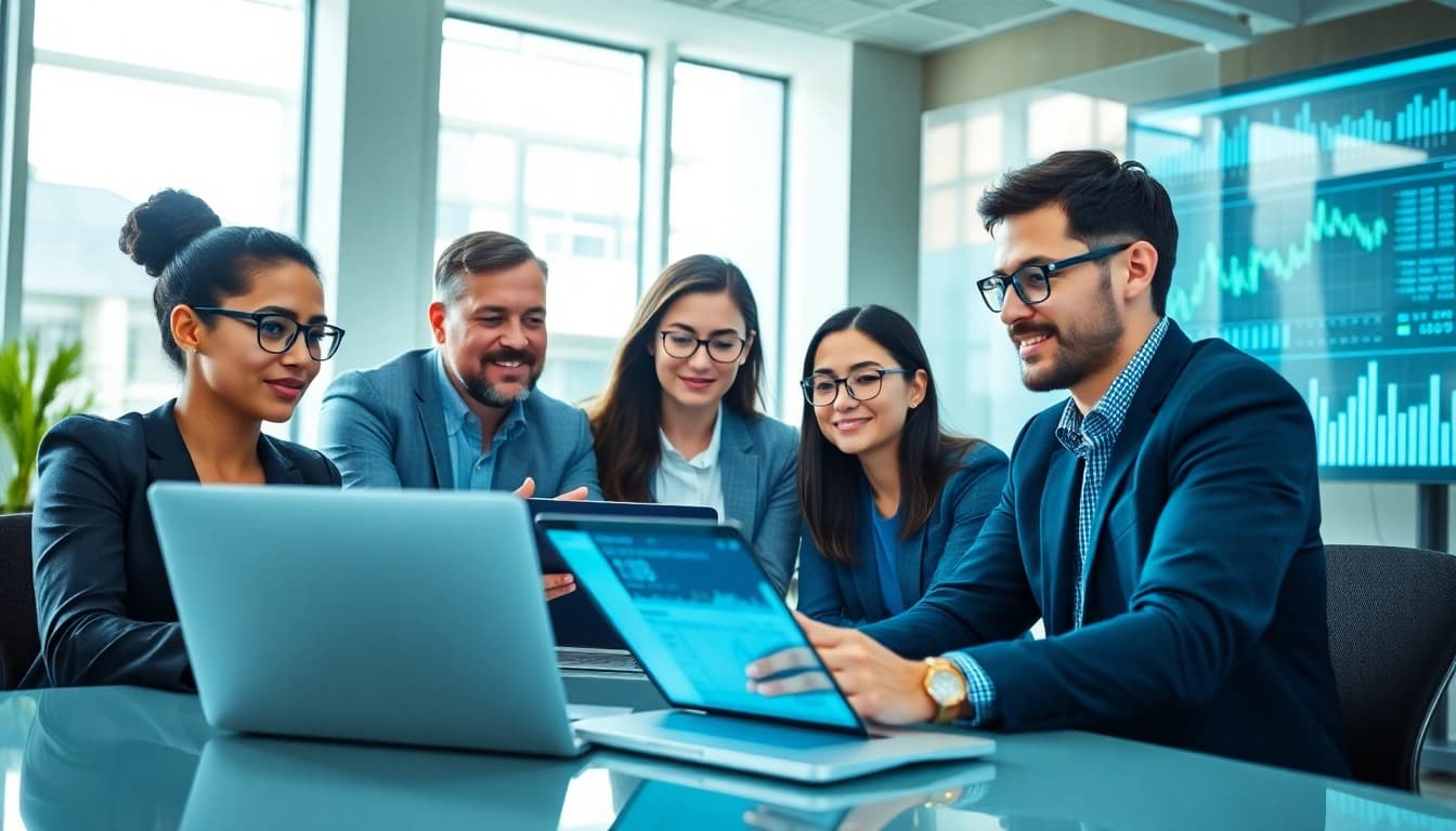 Die Analyse von Internet Trends durch ein diverses Team in einem modernen Büro.