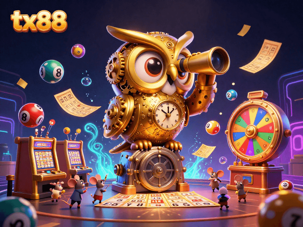Engage with tx88 as the golden owl tracks thrilling casino activities in a vibrant 3D scene.