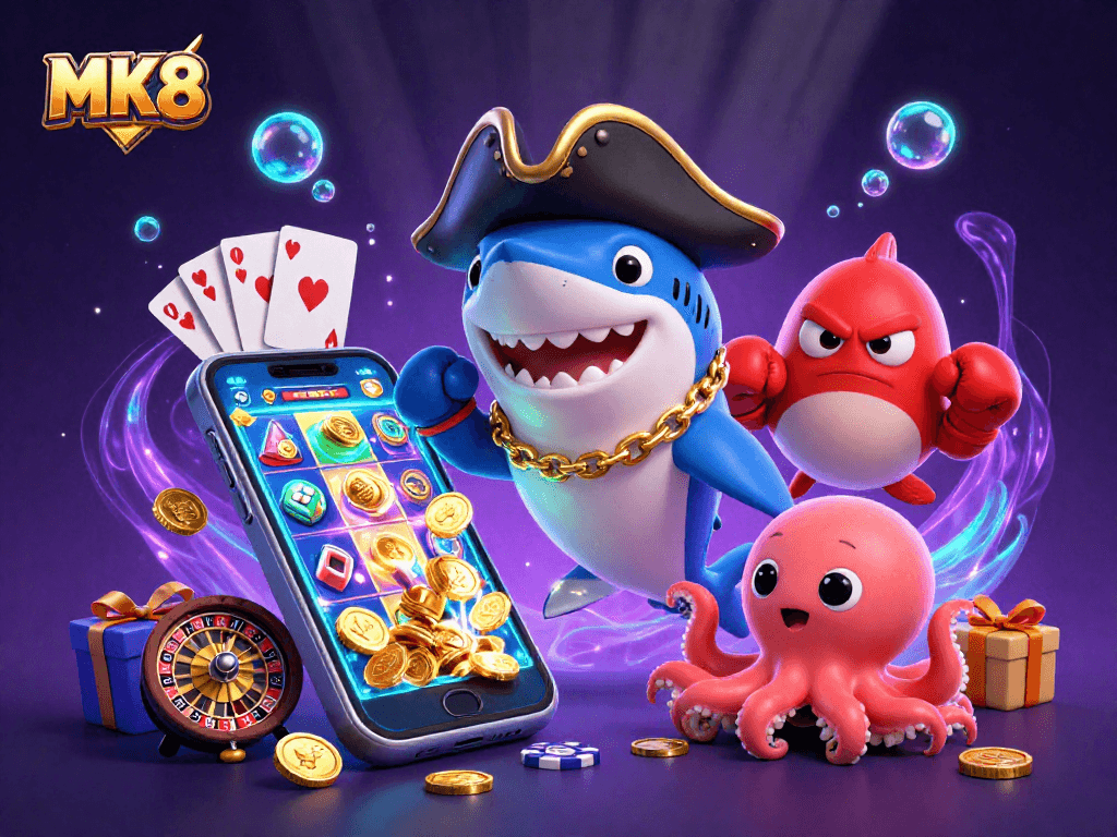 Win big with MK8 as a vibrant octopus and animated shark navigate thrilling casino games.