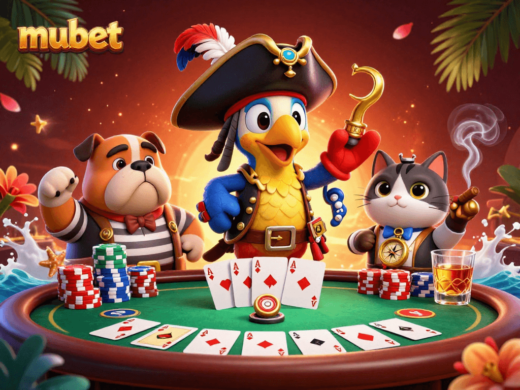 Experience thrilling gaming action with mubet's vibrant scene featuring a pirate captain, bulldog, and cat at a poker table.
