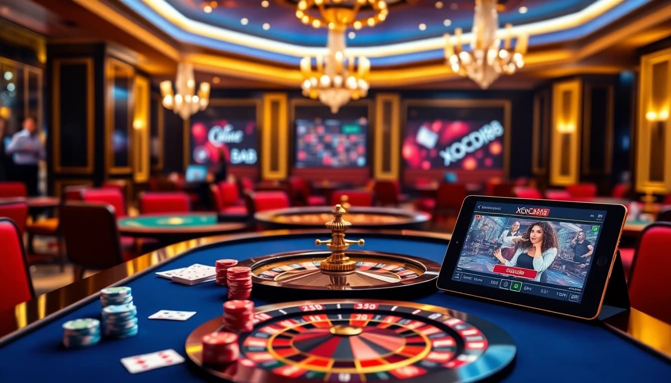 Xocdia88 gaming scene with vibrant casino elements and players engaged in online gambling.