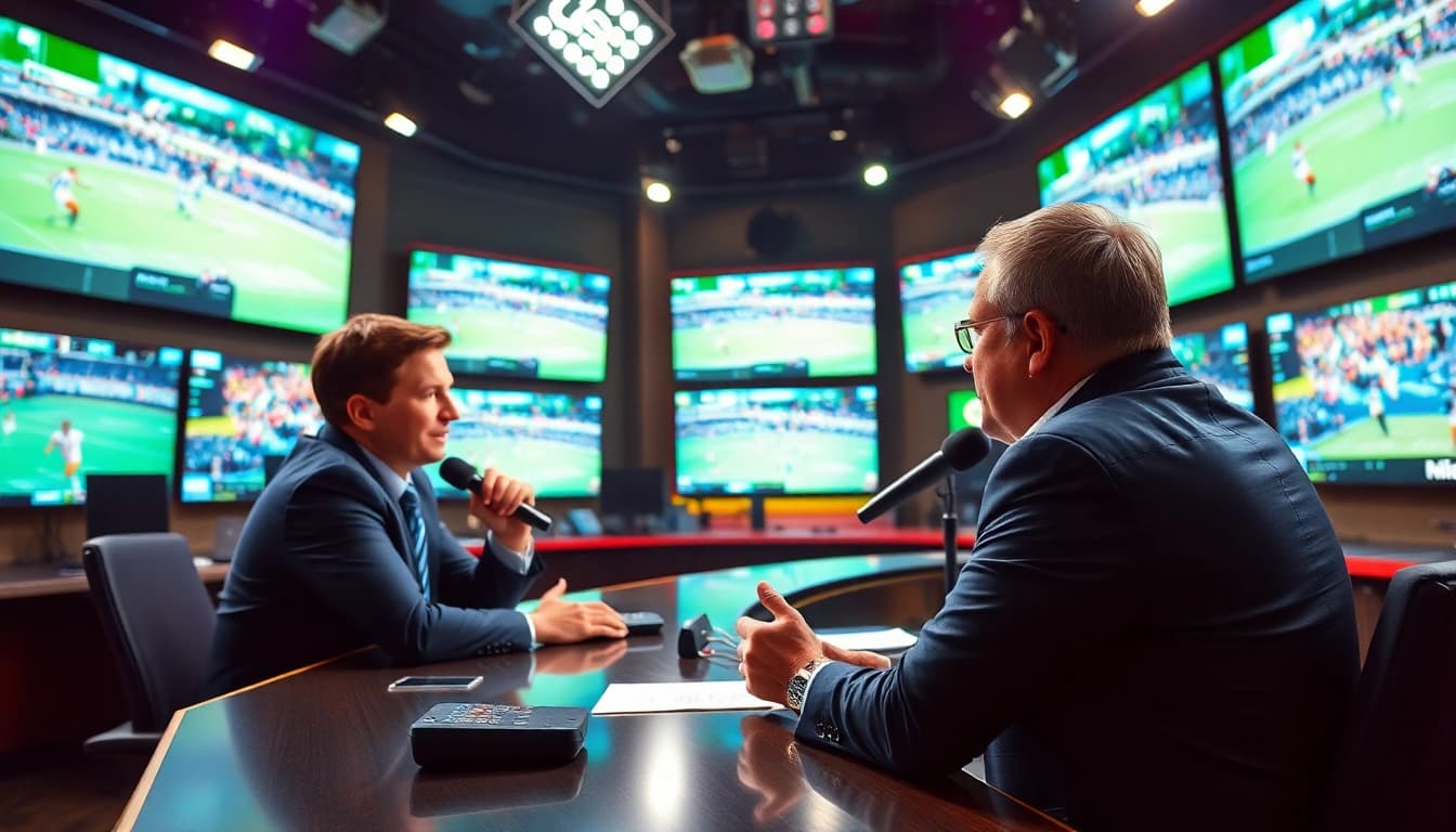 Engaging sports broadcasting setup with announcers and multiple screens showcasing live games.