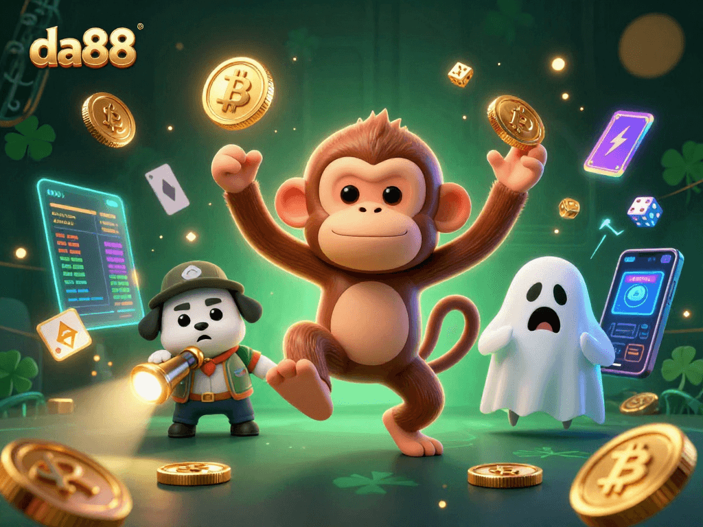 Experience the thrill of DA88's haunted casino as a mischievous monkey juggles golden coins and cards.