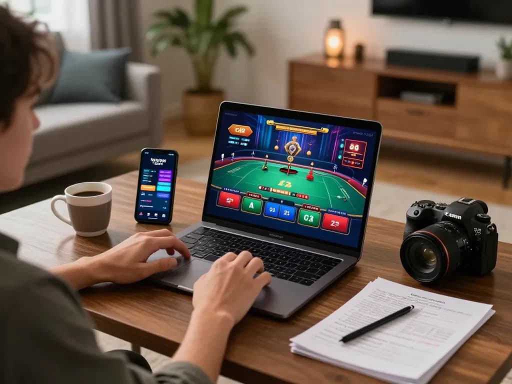 KJC player engaged in online casino game on laptop amidst cozy home setup.