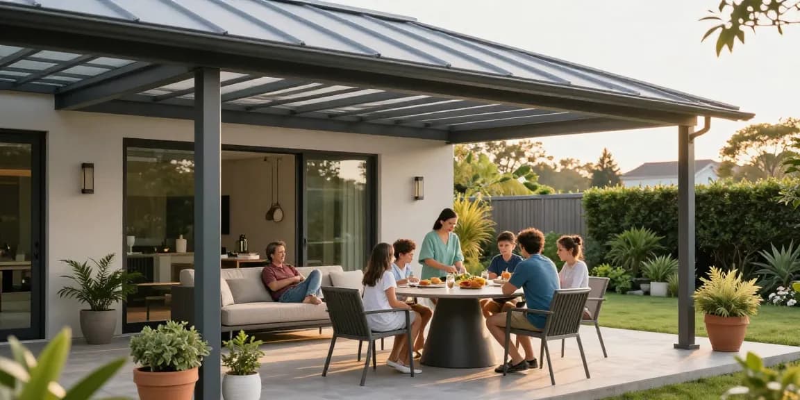 Moderne Terrassenüberdachung aus Aluminium mit Familie im Garten.