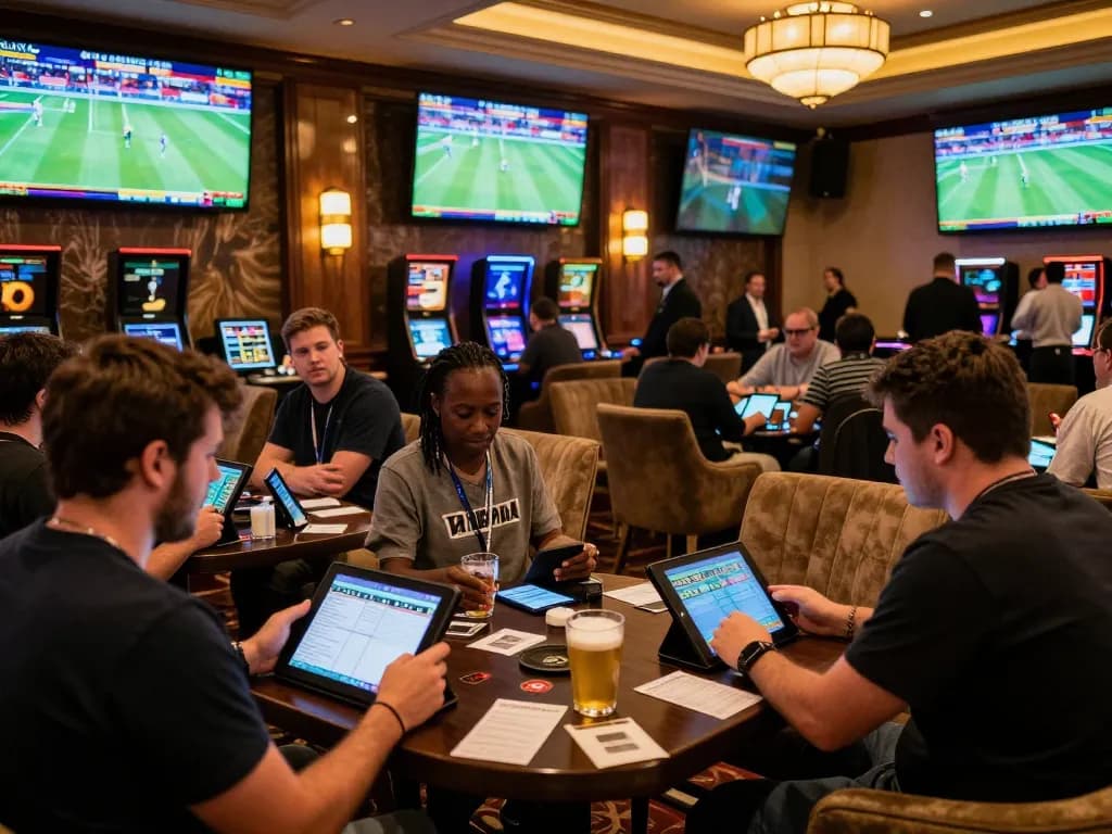 Go8 bettors analyzing odds while placing bets in an upscale sports betting lounge