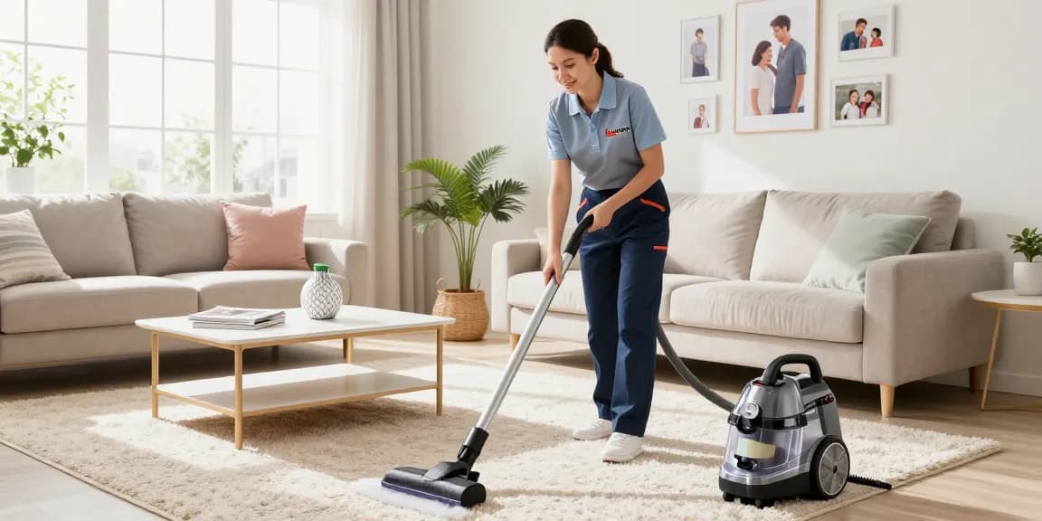 Professional cleaner from putzfirma bern vacuuming a modern living room, highlighting home cleanliness and professional service.