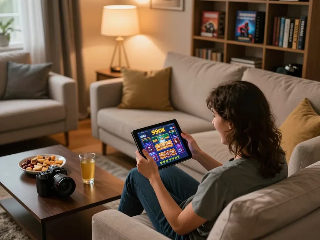 Player enjoying 99OK casino games on a tablet in a comfortable living room, indicating relaxed online gaming.