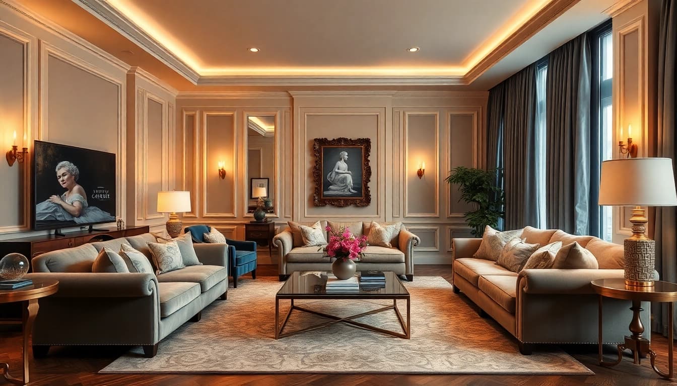 Luxury living room showcasing elegant decor and warm lighting for a cozy atmosphere.
