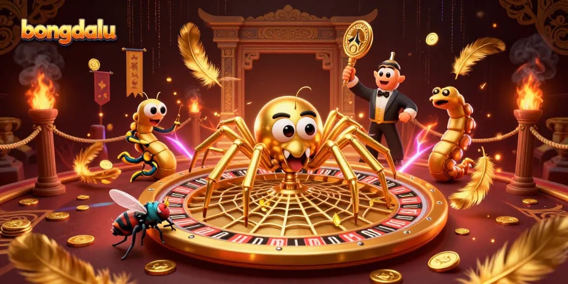 Bongdalu's animated scene showcases a golden spider and centipede croupier in a dynamic betting moment.