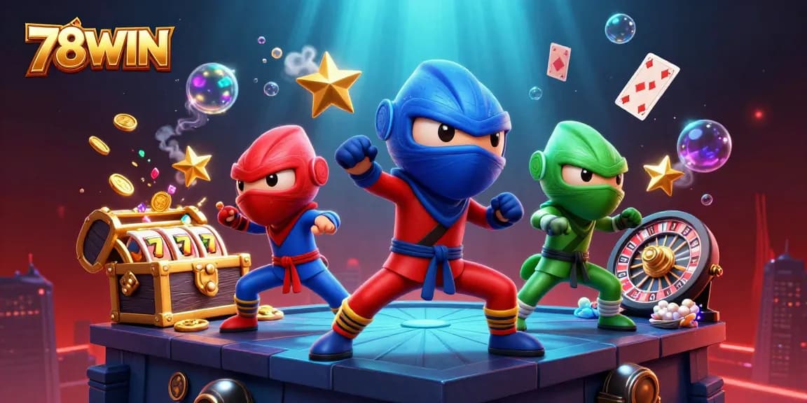 Experience the vibrant action of 78WIN with colorful chameleon ninjas amidst dynamic casino elements.