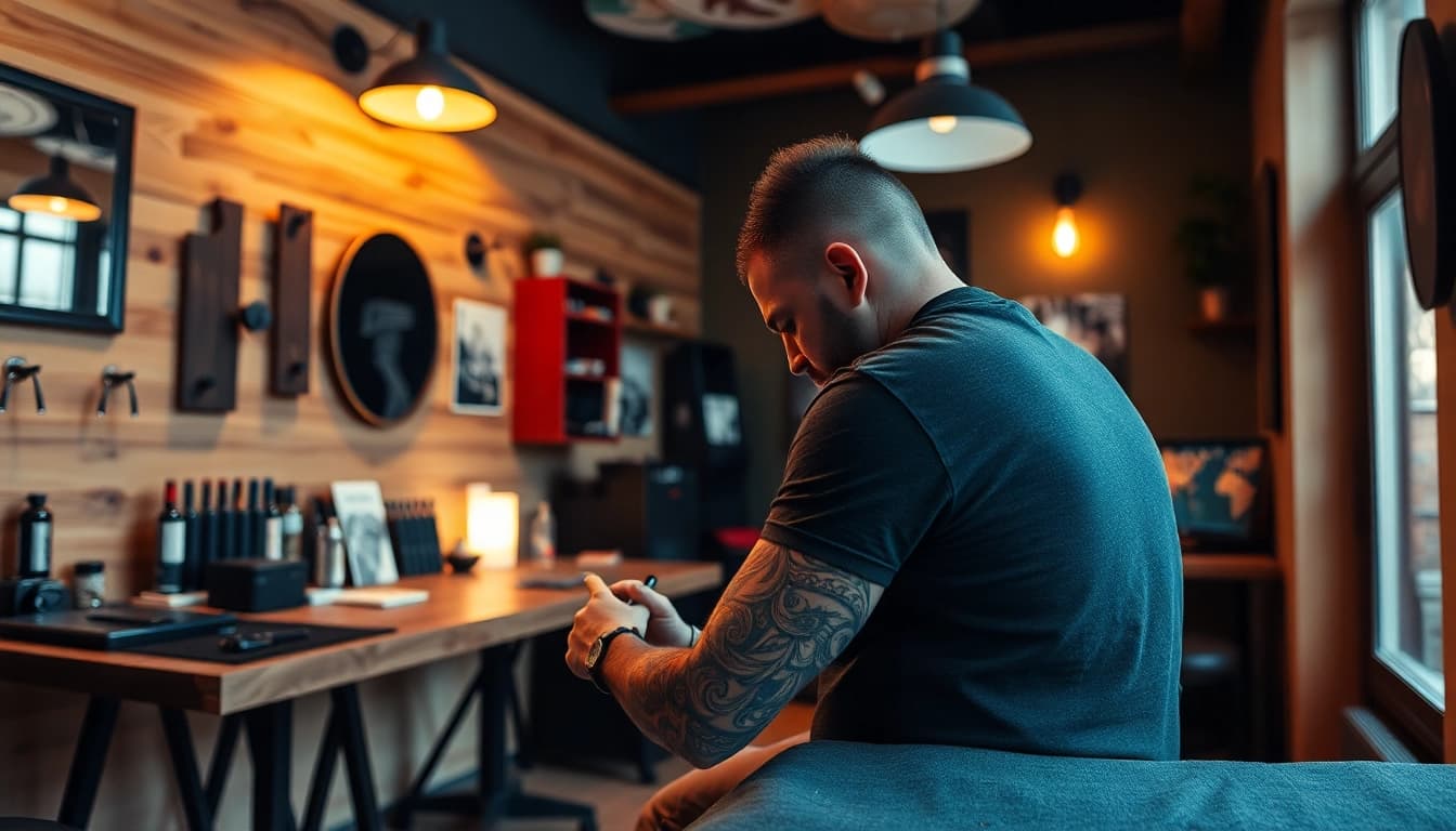 Professionelle Tätowierung im Tattoo Studio München von einem erfahrenen Künstler mit warmem Ambiente.