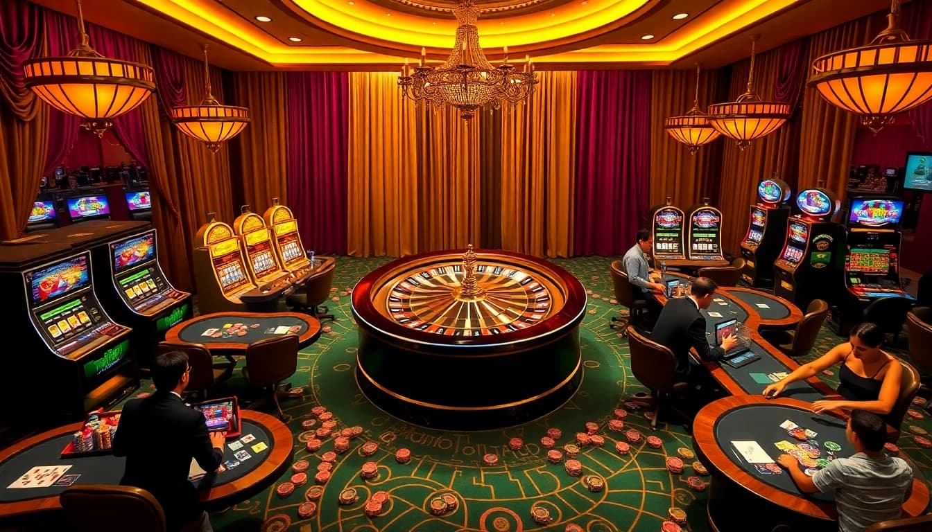 Exciting casino scene at https://b52club.forum/ showcasing roulette & poker tables filled with players.