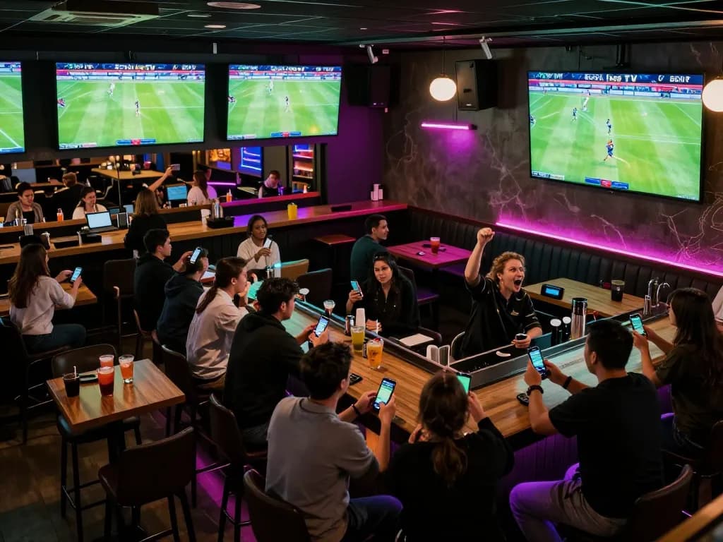 Socolive TV showcasing live betting excitement in a lively sports bar while fans celebrate their teams.