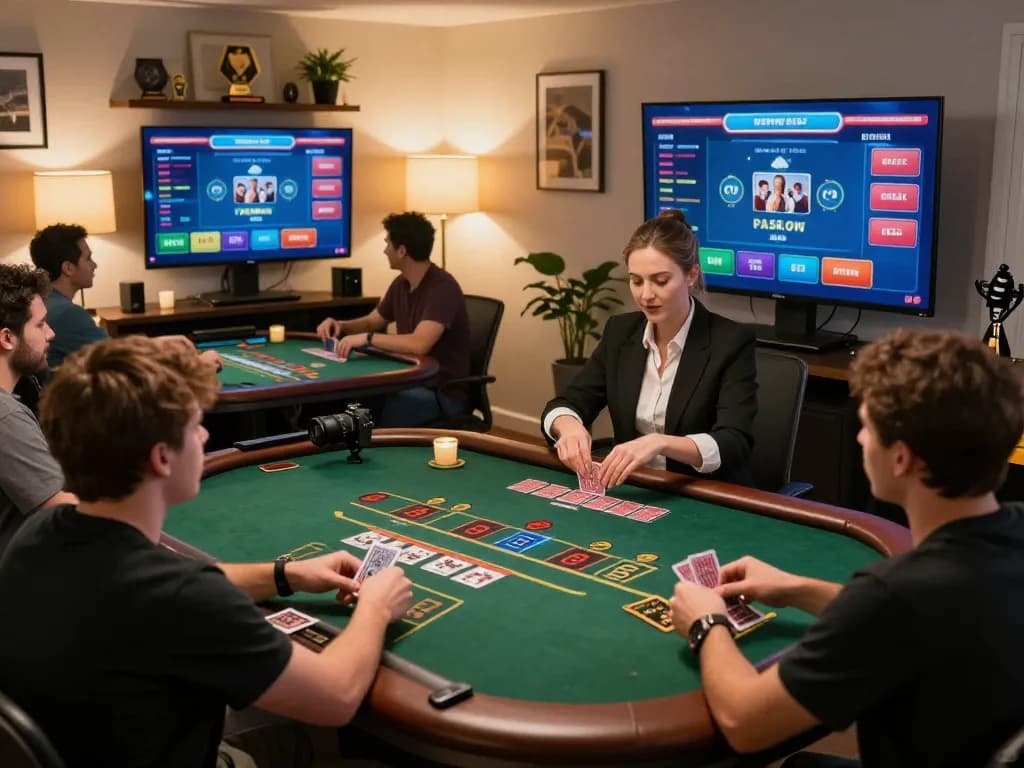 Kuwin players enjoying a live blackjack game session on a cozy home setup with interactive screens.