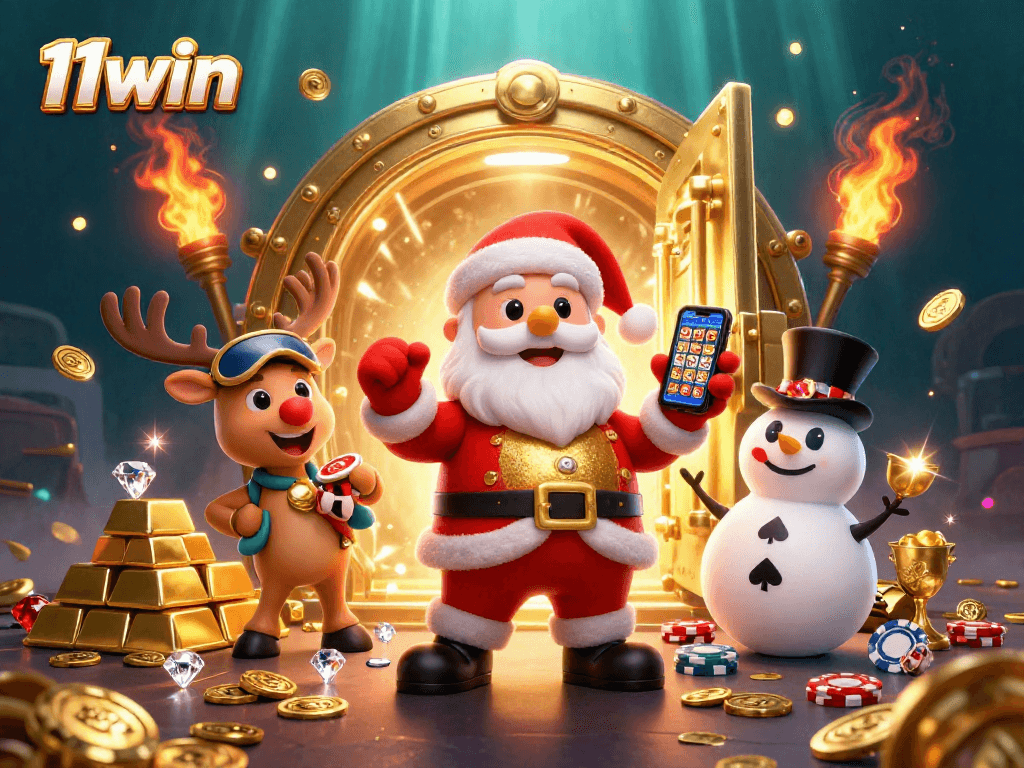 Unlock jackpots with 11win in a vibrant casino scene featuring Santa and friends.